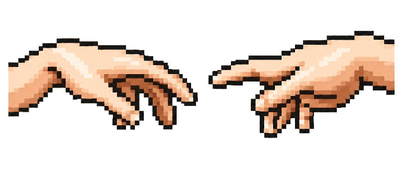 Two pixel-art hands reaching to touch, a spark at the fingertips